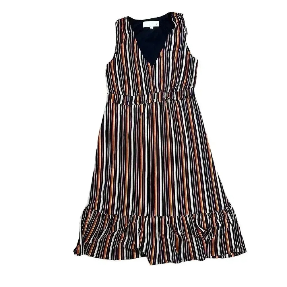 Superfoxx Women's Sleeveless Striped Ribbed Texture Ruffle Multi-Color Dress L